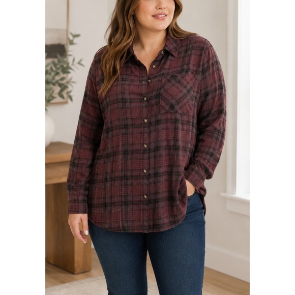 torrid Tops - Torrid Lizzie Crinkle Flannel Gauze Button Up Tunic Red Plaid Plus Size 3 3X